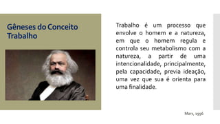 Gêneses doConceito
Trabalho
Trabalho é um processo que
envolve o homem e a natureza,
em que o homem regula e
controla seu metabolismo com a
natureza, a partir de uma
intencionalidade, principalmente,
pela capacidade, previa ideação,
uma vez que sua é orienta para
uma finalidade.
Marx, 1996
 