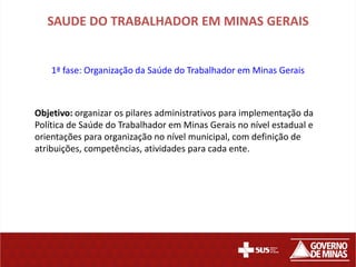 SAUDE DO TRABALHADOR EM MINAS GERAIS


    1ª fase: Organização da Saúde do Trabalhador em Minas Gerais



Objetivo: organizar os pilares administrativos para implementação da
Política de Saúde do Trabalhador em Minas Gerais no nível estadual e
orientações para organização no nível municipal, com definição de
atribuições, competências, atividades para cada ente.
 
