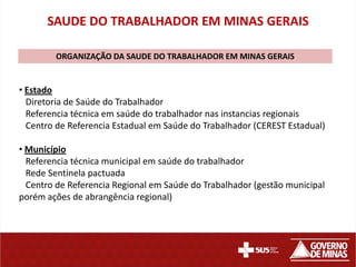 SAUDE DO TRABALHADOR EM MINAS GERAIS

        ORGANIZAÇÃO DA SAUDE DO TRABALHADOR EM MINAS GERAIS


• Estado
  Diretoria de Saúde do Trabalhador
  Referencia técnica em saúde do trabalhador nas instancias regionais
  Centro de Referencia Estadual em Saúde do Trabalhador (CEREST Estadual)

• Município
  Referencia técnica municipal em saúde do trabalhador
  Rede Sentinela pactuada
  Centro de Referencia Regional em Saúde do Trabalhador (gestão municipal
porém ações de abrangência regional)
 