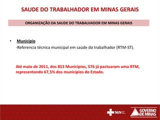 SAUDE DO TRABALHADOR EM MINAS GERAIS

        ORGANIZAÇÃO DA SAUDE DO TRABALHADOR EM MINAS GERAIS



•    Município
    -Referencia técnica municipal em saúde do trabalhador (RTM-ST).



    Até maio de 2011, dos 853 Municípios, 576 já pactuaram uma RTM,
    representando 67,5% dos municípios do Estado.
 