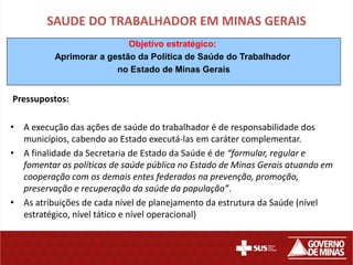SAUDE DO TRABALHADOR EM MINAS GERAIS
                           Objetivo estratégico:
          Aprimorar a gestão da Política de Saúde do Trabalhador
                        no Estado de Minas Gerais


Pressupostos:

• A execução das ações de saúde do trabalhador é de responsabilidade dos
  municípios, cabendo ao Estado executá-las em caráter complementar.
• A finalidade da Secretaria de Estado da Saúde é de “formular, regular e
  fomentar as políticas de saúde pública no Estado de Minas Gerais atuando em
  cooperação com os demais entes federados na prevenção, promoção,
  preservação e recuperação da saúde da população”.
• As atribuições de cada nível de planejamento da estrutura da Saúde (nível
  estratégico, nível tático e nível operacional)
 