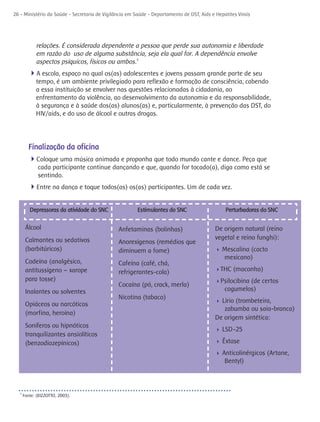 26 - Ministério da Saúde - Secretaria de Vigilância em Saúde - Departamento de DST, Aids e Hepatites Virais




             relações. É considerada dependente a pessoa que perde sua autonomia e liberdade
             em razão do uso de alguma substância, seja ela qual for. A dependência envolve
             aspectos psíquicos, físicos ou ambos.5
         4A escola, espaço no qual os(as) adolescentes e jovens passam grande parte de seu
             tempo, é um ambiente privilegiado para reflexão e formação de consciência, cabendo
             a essa instituição se envolver nas questões relacionadas à cidadania, ao
             enfrentamento da violência, ao desenvolvimento da autonomia e da responsabilidade,
             à segurança e à saúde dos(as) alunos(as) e, particularmente, à prevenção das DST, do
             HIV/aids, e do uso de álcool e outras drogas.




         Finalização da oficina
         4Coloque uma música animada e proponha que todo mundo cante e dance. Peça que
              cada participante continue dançando e que, quando for tocado(a), diga como está se
              sentindo.
         4Entre na dança e toque todos(as) os(as) participantes. Um de cada vez.

          Depressoras da atividade do SNC               Estimulantes do SNC                     Perturbadoras do SNC

        Álcool                                 Anfetaminas (bolinhas)                      De origem natural (reino
        Calmantes ou sedativos                                                             vegetal e reino funghi):
                                               Anorexígenos (remédios que
        (barbitúricos)                         diminuem a fome)                            4   Mescalina (cacto
                                                                                               mexicano)
        Codeína (analgésico,                   Cafeína (café, chá,
        antitussígeno – xarope                                                             4THC    (maconha)
                                               refrigerantes-cola)
        para tosse)                                                                        4Psilocibina(de certos
                                               Cocaína (pó, crack, merla)
        Inalantes ou solventes                                                                 cogumelos)
                                               Nicotina (tabaco)
                                                                                           4 Lírio (trombeteira,
        Opiáceos ou narcóticos
                                                                                              zabumba ou saia-branca)
        (morfina, heroína)
                                                                                           De origem sintética:
        Soníferos ou hipnóticos
                                                                                           4   LSD-25
        tranquilizantes ansiolíticos
        (benzodiazepínicos)                                                                4   Êxtase
                                                                                           4   Anticolinérgicos (Artane,
                                                                                                Bentyl)



   5
       Fonte: (BIZZOTTO, 2003).
 