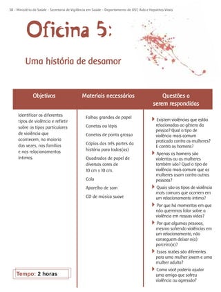 38 - Ministério da Saúde - Secretaria de Vigilância em Saúde - Departamento de DST, Aids e Hepatites Virais




           Oficina 5:
          Uma história de desamor


               Objetivos                       Materiais necessários                              Questões a
                                                                                              serem respondidas
     Identificar os diferentes                    Folhas grandes de papel
     tipos de violência e refletir                                                         4Existem violências que estão
     sobre os tipos particulares                  Canetas ou lápis                             relacionadas ao gênero da
                                                                                               pessoa? Qual o tipo de
     de violência que                             Canetas de ponta grossa                      violência mais comum
     acontecem, na maioria                                                                     praticada contra as mulheres?
     das vezes, nas famílias                      Cópias das três partes da
                                                                                               E contra os homens?
     e nos relacionamentos                        história para todos(as)
                                                                                           4Apenas os homens são
     íntimos.                                     Quadrados de papel de                        violentos ou as mulheres
                                                  diversas cores de                            também são? Qual o tipo de
                                                  10 cm x 10 cm.                               violência mais comum que as
                                                                                               mulheres usam contra outras
                                                  Cola                                         pessoas?
                                                  Aparelho de som                          4Quais são os tipos de violência
                                                                                               mais comuns que ocorrem em
                                                  CD de música suave                           um relacionamento íntimo?
                                                                                           4Por que há momentos em que
                                                                                               não queremos falar sobre a
                                                                                               violência em nossas vidas?
                                                                                           4Por que algumas pessoas,
                                                                                               mesmo sofrendo violências em
                                                                                               um relacionamento, não
                                                                                               conseguem deixar o(a)
                                                                                               parceiro(a)?
                                                                                           4Essas razões são diferentes
                                                                                               para uma mulher jovem e uma
                                                                                               mulher adulta?
                                                                                           4Como você poderia ajudar
    Tempo: 2 horas                                                                             uma amiga que sofreu
                                                                                               violência ou agressão?
 