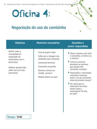 32 - Ministério da Saúde - Secretaria de Vigilância em Saúde - Departamento de DST, Aids e Hepatites Virais




            Oficina 4:
           Negociação do uso da camisinha


                Objetivos                       Materiais necessários                             Questões a
                                                                                              serem respondidas
      Refletir sobre a                             Tiras de papel e lápis
      necessidade de                                                                          4Quem costuma usar mais
      negociação do                                Folha com a listagem das                       a camisinha, o menino ou
                                                   atividades para todos(as)                      a menina?
      preservativo com o
      parceiro(a).                                 Camisinha feminina                         4Como os meninos
                                                                                                  percebem as meninas
      Debater quando falar                         Camisinha masculina                            que sempre têm
      sobre isso com o(a)                                                                         camisinha na bolsa?
                                                   Banana, cenoura ou
      parceiro(a)                                  modelo peniano                             4Namorados e namoradas
                                                                                                  costumam conversar
                                                   Modelo pélvico ou copo                         sobre o uso da camisinha
                                                                                                  antes da primeira transa?
                                                                                              4Os casais que se
                                                                                                  relacionam há muito
                                                                                                  tempo usam o
                                                                                                  preservativo? Se não,
                                                                                                  por quê?




    Tempo: 1h30
 