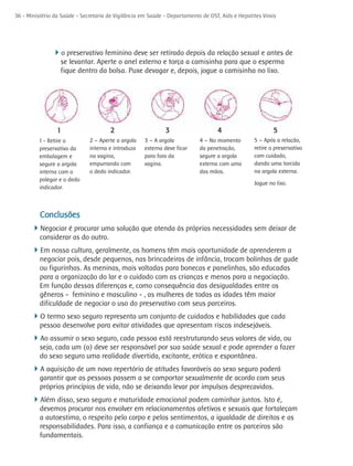 36 - Ministério da Saúde - Secretaria de Vigilância em Saúde - Departamento de DST, Aids e Hepatites Virais




               4o preservativo feminino deve ser retirado depois da relação sexual e antes de
                     se levantar. Aperte o anel externo e torça a camisinha para que o esperma
                     fique dentro da bolsa. Puxe devagar e, depois, jogue a camisinha no lixo.




                 1                     2                     3                     4                      5
          1 - Retire o        2 – Aperte a argola    3 – A argola          4 – No momento         5 – Após a relação,
          preservativo da     interna e introduza    externa deve ficar    da penetração,         retire o preservativo
          embalagem e         na vagina,             para fora da          segure a argola        com cuidado,
          segure a argola     empurrando com         vagina.               externa com uma        dando uma torcida
          interna com o       o dedo indicador.                            das mãos.              na argola externa.
          polegar e o dedo
                                                                                                  Jogue no lixo.
          indicador.



       Conclusões
      4Negociar é procurar uma solução que atenda às próprias necessidades sem deixar de
          considerar as do outro.
      4Em nossa cultura, geralmente, os homens têm mais oportunidade de aprenderem a
          negociar pois, desde pequenos, nas brincadeiras de infância, trocam bolinhas de gude
          ou figurinhas. As meninas, mais voltadas para bonecas e panelinhas, são educadas
          para a organização do lar e o cuidado com as crianças e menos para a negociação.
          Em função dessas diferenças e, como consequência das desigualdades entre os
          gêneros - feminino e masculino - , as mulheres de todas as idades têm maior
          dificuldade de negociar o uso do preservativo com seus parceiros.
      4O termo sexo seguro representa um conjunto de cuidados e habilidades que cada
          pessoa desenvolve para evitar atividades que apresentam riscos indesejáveis.
      4Ao assumir o sexo seguro, cada pessoa está reestruturando seus valores de vida, ou
          seja, cada um (a) deve ser responsável por sua saúde sexual e pode aprender a fazer
          do sexo seguro uma realidade divertida, excitante, erótica e espontânea.
      4A aquisição de um novo repertório de atitudes favoráveis ao sexo seguro poderá
          garantir que as pessoas passem a se comportar sexualmente de acordo com seus
          próprios princípios de vida, não se deixando levar por impulsos desprecavidos.
      4Além disso, sexo seguro e maturidade emocional podem caminhar juntos. Isto é,
          devemos procurar nos envolver em relacionamentos afetivos e sexuais que fortaleçam
          a autoestima, o respeito pelo corpo e pelos sentimentos, a igualdade de direitos e as
          responsabilidades. Para isso, a confiança e a comunicação entre os parceiros são
          fundamentais.
 