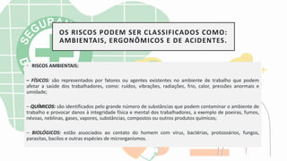 OS RISCOS PODEM SER CLASSIFICADOS COMO:
AMBIENTAIS, ERGONÔMICOS E DE ACIDENTES.
• RISCOS AMBIENTAIS:
– FÍSICOS: são representados por fatores ou agentes existentes no ambiente de trabalho que podem
afetar a saúde dos trabalhadores, como: ruídos, vibrações, radiações, frio, calor, pressões anormais e
umidade;
– QUÍMICOS: são identificados pelo grande número de substâncias que podem contaminar o ambiente de
trabalho e provocar danos à integridade física e mental dos trabalhadores, a exemplo de poeiras, fumos,
névoas, neblinas, gases, vapores, substâncias, compostos ou outros produtos químicos;
– BIOLÓGICOS: estão associados ao contato do homem com vírus, bactérias, protozoários, fungos,
parasitas, bacilos e outras espécies de microrganismos.
 