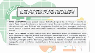 OS RISCOS PODEM SER CLASSIFICADOS COMO:
AMBIENTAIS, ERGONÔMICOS E DE ACIDENTES.
• RISCOS ERGONÔMICOS: estão ligados à execução de tarefas, à organização e às relações de trabalho, ao
esforço físico intenso, levantamento e transporte manual de peso, mobiliário inadequado, posturas
incorretas, controle rígido de tempo para produtividade, imposição de ritmos excessivos, trabalho em
turno e noturno, jornadas de trabalho prolongadas, monotonia, repetitividade e situações causadoras de
estresse.
• RISCOS DE ACIDENTES: são muito diversificados e estão presentes no arranjo físico inadequado, pisos
pouco resistentes ou irregulares, material ou matéria-prima fora de especificação, utilização de máquinas
e equipamentos sem proteção, ferramentas impróprias ou defeituosas, iluminação excessiva ou
insuficiente, instalações elétricas defeituosas, probabilidade de incêndio ou explosão, armazenamento
inadequado, animais peçonhentos e outras situações de risco que poderão contribuir para a ocorrência
de acidentes.
 