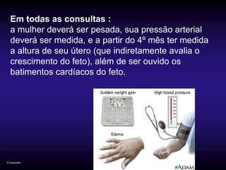 Em todas as consultas :
   a mulher deverá ser pesada, sua pressão arterial
   deverá ser medida, e a partir do 4º mês ter medida
   a altura de seu útero (que indiretamente avalia o
   crescimento do feto), além de ser ouvido os
   batimentos cardíacos do feto.




G.Grazziotin
 