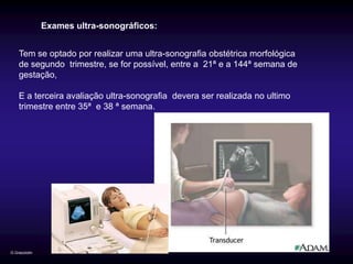 Exames ultra-sonográficos:


    Tem se optado por realizar uma ultra-sonografia obstétrica morfológica
    de segundo trimestre, se for possível, entre a 21ª e a 144ª semana de
    gestação,

    E a terceira avaliação ultra-sonografia devera ser realizada no ultimo
    trimestre entre 35ª e 38 ª semana.




G.Grazziotin
 