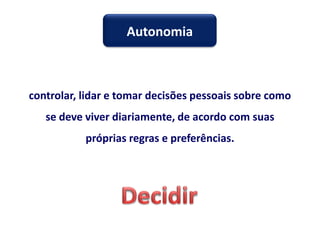 controlar, lidar e tomar decisões pessoais sobre como
se deve viver diariamente, de acordo com suas
próprias regras e preferências.
Autonomia
 