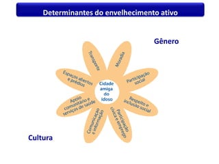Determinantes do envelhecimento ativo
Gênero
Cultura
 