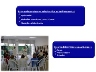 Fatores determinantes relacionados ao ambiente social
Apoio social
Violência e maus tratos contra o idoso
Educação e alfabetização
Fatores determinantes econômicos :
Renda
Proteção social
Trabalho
 