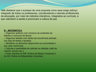 Vale destacar que o sucesso de uma proposta como essa exige esforço 
integrado de todos os professores, coordenadores e demais profissionais 
da educação, por meio de métodos interativos, integrados ao currículo, e 
que valorizem a saúde e promovam a cultura da paz. 
B – MATEMÁTICA 
– Organizar gráficos com números de acidentes de 
trânsito e consumo de álcool; 
– Organizar tabelas com dados de ocorrências policiais 
nos dias de festas e feriados. 
– Identificar os alimentos disponíveis na comunidade e 
seu valor nutricional; 
– Calcular a quantidade de calorias na refeição (café da 
manhã, almoço etc.); 
– Fazer cálculos do IMC (Índice de Massa Corpórea) e 
do IAC (Índice de Adiposidade Corpórea). 
 