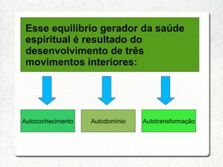 Esse equilíbrio gerador da saúde
 espiritual é resultado do
 desenvolvimento de três
 movimentos interiores:




Autoconhecimento   Autodomínio   Autotransformação
 