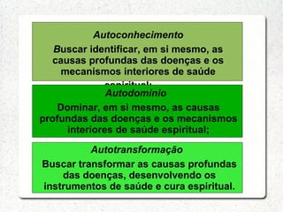 Autoconhecimento
   Buscar identificar, em si mesmo, as
  causas profundas das doenças e os
     mecanismos interiores de saúde
              espiritual;
               Autodomínio
    Dominar, em si mesmo, as causas
profundas das doenças e os mecanismos
      interiores de saúde espiritual;

          Autotransformação
Buscar transformar as causas profundas
    das doenças, desenvolvendo os
instrumentos de saúde e cura espiritual.
 