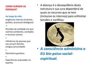 COMO SURGEM AS
DOENÇAS?
• A doença é o desequilíbrio desta
estrutura e sua cura dependerá de
quais os recursos que se tem
(inclusive os internos) para enfrentar
tensões e conflitos.
• A consciência administra o
EU bio-psico-social-
espiritual.
Ao longo da vida:
exigências internas (instintos,
pulsões, processos biológicos)
+
Pressões da realidade em que
vivemos (ambiente, condições
e recursos sociais)
+
Influências de pessoas que
nos cercam (família,
amigos,comunidade)
+
Patrimônio genético
+
Experiências arquivadas no
espírito.
 