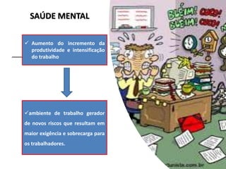 SAÚDE MENTAL
 Aumento do incremento da
produtividade e intensificação
do trabalho
ambiente de trabalho gerador
de novos riscos que resultam em
maior exigência e sobrecarga para
os trabalhadores.
 