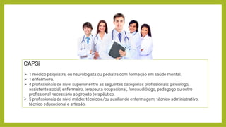 



CAPSi
1 médico psiquiatra, ou neurologista ou pediatra com formação em saúde mental.
1 enfermeiro.
4 proﬁssionais de nível superior entre as seguintes categorias proﬁssionais: psicólogo,
assistente social, enfermeiro, terapeuta ocupacional, fonoaudiólogo, pedagogo ou outro
proﬁssional necessário ao projeto terapêutico.
5 proﬁssionais de nível médio: técnico e/ou auxiliar de enfermagem, técnico administrativo,
técnico educacional e artesão.
 