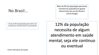 No Brasil...
Fonte: Ministério da Saúde
12% da população
necessita de algum
atendimento em saúde
mental, seja ele contínuo
ou eventual
Cerca de 3% da população geral sofre com
transtornos mentais severos e persistentes
Mais de 6% da população apresenta
transtornos psiquiátricos graves
decorrentes do uso de álcool e
outras drogas
 