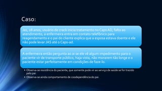 Caso:
Jas, 28 anos, usuário de crack inicia tratamento no Caps AD, falta ao
atendimento, a enfermeira entra em contato telefônico para
reagendamento e o pai do cliente explica que a esposa estava doente e ele
não pode levar JAS até o Caps-ad.
A enfermeira então pergunta ao ai se ele vê algum impedimento para o
paciente vir de transporte público, haja vista, não morarem tão longe e o
paciente estar perfeitamente em condições de faze-lo.
• Observa-se resistência do paciente, que somente pode vir ao serviço de saúde se for trazido
pelo pai.
• Observa-se ainda comportamento de coodependência do pai.
 