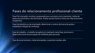 Fases do relacionamento profissional-cliente
Fase Pré-interação: envolve a preparação pra o encontro com o paciente, coleta de
dados do prontuário e dos familiares.Avaliar pontos fortes e fracos do relacionamento
terapêutico.
Fase Introdutória ou de orientação: determinar o motivo da busca de ajuda e
estabelecer relação de confiança.
Fase de trabalho: o trabalho terapêutico é realizado nesta fase; promover o
desenvolvimento da percepção da realidade pelo paciente.
Fase de encerramento: metas alcançadas, o paciente recebeu alta
 