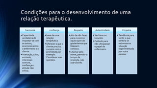 Condições para o desenvolvimento de uma
relação terapêutica.
harmonia
• Capacidade
verdadeira de
importar-se com
os outros,
ocorrendo entre
o enfermeiro e o
cliente.
• Aceitação, calor,
amizade,
interesses
comuns,
confiança e
atitude não
crítica.
confiança
• base de uma
relação
terapêutica
• Oferecer o que o
cliente precisa,
cumprir com o
prometido por
exemplo.
Considerar suas
opiniões.
Respeito
• Ato de não fazer
para os outros
aquilo que não
gostaríamos que
fizessem
conosco.
• Chamar pelo
nome, permitir o
tempo de
resposta, não
usar clichês.
Autenticidade
• Ser franco e
honesto.
• Cuidado para
não ultrapassar
o papel de
enfermeiro.
Empatia
• Tendência para
sentir o que
sentiria se
estivesse na
situação
experimentada
por outra
pessoa.
 