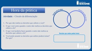 Hora da prática
Atividade: - Círculo da diferenciação
1. Por que não realiza as decisões que cabem a você?
2. O que você sente quando o outro não realiza as decisões que
cabem a ele?
3. O que você poderia fazer quando o outro não realiza as
decisões que cabem a ele?
4. Você pode assumir as decisões que ambos podem tomar?
Por que?
 