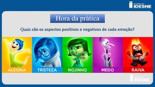Hora da prática
Quais são os aspectos positivos e negativos de cada emoção?
 