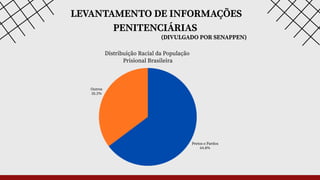 LEVANTAMENTO DE INFORMAÇÕES
PENITENCIÁRIAS
(DIVULGADO POR SENAPPEN)
Distribuição Racial da População
Prisional Brasileira
Pretos e Pardos
64.8%
Outros
35.2%
 