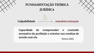 FUNDAMENTAÇÃO TEÓRICA
JURÍDICA
Culpabilidade Autodeterminação
Capacidade de compreender o conteúdo
normativo da proibição e orientar sua conduta de
acordo com ela.
(Greco, 2022)
 