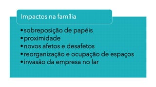 •sobreposição de papéis
•proximidade
•novos afetos e desafetos
•reorganização e ocupação de espaços
•invasão da empresa no lar
Impactos na família
 