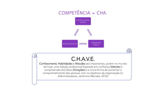 COMPETÊNCIA = CHA
Conhecimento
(saber)
Habilidade
(fazer)
Atitude (querer)
C.H.A.V.E.
Conhecimento, Habilidades e Atitudes são importantes, porém no mundo
de hoje, uma relação profissional baseada em confiança (Valores) e
compreensão dos fatos (Emoções) é a única forma de aumentar o
comprometimento das pessoas com os objetivos da organização (in
Administradores, Jerônimo Mendes, 2016)
 