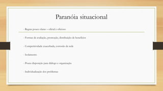 Paranóia situacional
- Regras pouco claras – oficial e oficioso
- Formas de avaliação, promoção, distribuição de benefícios
- Competitividade exacerbada, corrosão de rede
- Isolamento
- Pouca disposição para diálogo e organização
- Individualização dos problemas
 