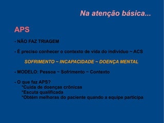 Na atenção básica...
APS
- NÃO FAZ TRIAGEM
- É preciso conhecer o contexto de vida do indivíduo ~ ACS
SOFRIMENTO ~ INCAPACIDADE ~ DOENÇA MENTAL
- MODELO: Pessoa ~ Sofrimento ~ Contexto
- O que faz APS?
*Cuida de doenças crônicas
*Escuta qualificada
*Obtém melhoras do paciente quando a equipe participa
 