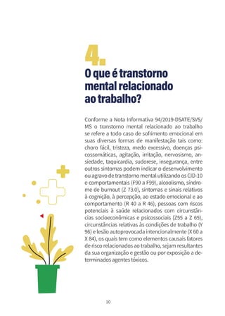 10
Oqueétranstorno
mentalrelacionado
aotrabalho?
Conforme a Nota Informativa 94/2019-DSATE/SVS/
MS o transtorno mental relacionado ao trabalho
se refere a todo caso de sofrimento emocional em
suas diversas formas de manifestação tais como:
choro fácil, tristeza, medo excessivo, doenças psi-
cossomáticas, agitação, irritação, nervosismo, an-
siedade, taquicardia, sudorese, insegurança, entre
outros sintomas podem indicar o desenvolvimento
ouagravodetranstornomentalutilizandoosCID-10
e comportamentais (F90 a F99), alcoolismo, síndro-
me de burnout (Z 73.0), sintomas e sinais relativos
à cognição, à percepção, ao estado emocional e ao
comportamento (R 40 a R 46), pessoas com riscos
potenciais à saúde relacionados com circunstân-
cias socioeconômicas e psicossociais (Z55 a Z 65),
circunstâncias relativas às condições de trabalho (Y
96) e lesão autoprovocada intencionalmente (X 60 a
X 84), os quais tem como elementos causais fatores
de risco relacionadosao trabalho, sejam resultantes
da sua organização e gestão ou por exposição a de-
terminadosagentestóxicos.
4.
 