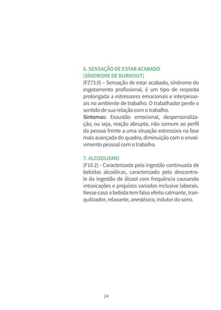 24
6.SENSAÇÃODEESTARACABADO
(SÍNDROMEDEBURNOUT)
(FZ73.0) – Sensação de estar acabado, síndrome do
esgotamento profissional, é um tipo de resposta
prolongada a estressores emocionais e interpesso-
ais no ambiente de trabalho. O trabalhador perde o
sentidodesuarelaçãocomotrabalho.
Sintomas: Exaustão emocional, despersonaliza-
ção, ou seja, reação abrupta, não comum ao perfil
da pessoa frente a uma situação estressora na fase
mais avançada do quadro, diminuição com o envol-
vimentopessoalcomotrabalho.
7.ALCOOLISMO
(F10.2) - Caracterizada pela ingestão continuada de
bebidas alcoólicas, caracterizado pelo descontro-
le da ingestão de álcool com frequência causando
intoxicações e prejuízos variados inclusive laborais.
Nessecaso abebidatemfalso efeito calmante, tran-
quilizador,relaxante,anestésico,indutordosono.
 