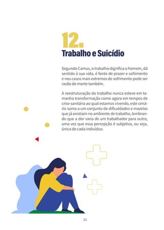 25
TrabalhoeSuicídio
Segundo Camus, o trabalho dignificao homem, dá
sentido à sua vida, é fonte de prazer e sofrimento
e nos casos mais extremos de sofrimento pode ser
razão de morte também.
A reestruturação do trabalho nunca esteve em ta-
manha transformação como agora em tempos de
crise sanitária ao qual estamos vivendo, este cená-
rio soma a um conjunto de dificuldades e mazelas
que já existiam no ambiente de trabalho, lembran-
do que a dor varia de um trabalhador para outro,
uma vez que essa percepção é subjetiva, ou seja,
única de cada indivíduo.
12.
 