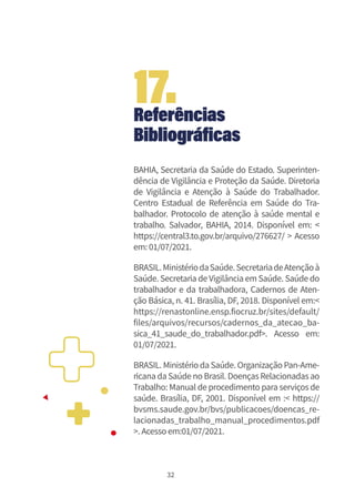 32
Referências
Bibliográficas
BAHIA, Secretaria da Saúde do Estado. Superinten-
dência de Vigilância e Proteção da Saúde. Diretoria
de Vigilância e Atenção à Saúde do Trabalhador.
Centro Estadual de Referência em Saúde do Tra-
balhador. Protocolo de atenção à saúde mental e
trabalho. Salvador, BAHIA, 2014. Disponível em: <
https://central3.to.gov.br/arquivo/276627/ > Acesso
em:01/07/2021.
BRASIL.MinistériodaSaúde.SecretariadeAtençãoà
Saúde. Secretaria de Vigilância em Saúde. Saúde do
trabalhador e da trabalhadora, Cadernos de Aten-
ção Básica, n. 41. Brasília, DF, 2018. Disponível em:<
https://renastonline.ensp.fiocruz.br/sites/default/
files/arquivos/recursos/cadernos_da_atecao_ba-
sica_41_saude_do_trabalhador.pdf>. Acesso em:
01/07/2021.
BRASIL. Ministério daSaúde. Organização Pan-Ame-
ricana da Saúde no Brasil. DoençasRelacionadasao
Trabalho: Manual de procedimento para serviçosde
saúde. Brasília, DF, 2001. Disponível em :< https://
bvsms.saude.gov.br/bvs/publicacoes/doencas_re-
lacionadas_trabalho_manual_procedimentos.pdf
>.Acessoem:01/07/2021.
17.
 