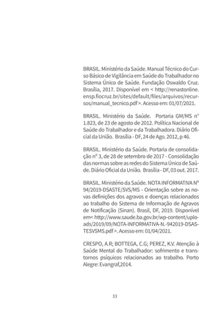 33
BRASIL.MinistériodaSaúde.ManualTécnicodoCur-
soBásicodeVigilânciaemSaúdedoTrabalhadorno
Sistema Único de Saúde. Fundação Oswaldo Cruz.
Brasília, 2017. Disponível em < http://renastonline.
ensp.fiocruz.br/sites/default/files/arquivos/recur-
sos/manual_tecnico.pdf>.Acessoem:01/07/2021.
BRASIL. Ministério da Saúde. Portaria GM/MS n°
1.823, de 23 de agosto de 2012. Política Nacional de
Saúde do Trabalhadore da Trabalhadora. Diário Ofi-
cialdaUnião. Brasília-DF,24deAgo.2012,p46.
BRASIL. Ministério da Saúde. Portaria de consolida-
ção nº 3, de 28 de setembro de 2017 - Consolidação
dasnormassobreasredesdoSistemaÚnicodeSaú-
de.DiárioOficialdaUnião. Brasília-DF,03out.2017.
BRASIL. Ministério daSaúde. NOTAINFORMATIVANº
94/2019-DSASTE/SVS/MS - Orientação sobre as no-
vas definições dos agravos e doenças relacionados
ao trabalho do Sistema de Informação de Agravos
de Notificação (Sinan). Brasil, DF, 2019. Disponível
em< http://www.saude.ba.gov.br/wp-content/uplo-
ads/2019/09/NOTA-INFORMATIVA-N.-942019-DSAS-
TESVSMS.pdf>.Acessoem:01/04/2021.
CRESPO, A.R; BOTTEGA, C.G; PEREZ, K.V. Atenção à
Saúde Mental do Trabalhador: sofrimento e trans-
tornos psíquicos relacionados ao trabalho. Porto
Alegre:Evangraf,2014.
 