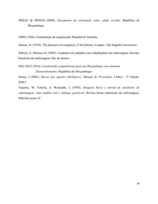 MISAU & MINED (2009). Documento de orientação sobre saúde escolar. República de 
14 
Moçambique 
OMS (1948). Constituição da organização Mundial de Genebra 
Hunter, D. (1974). The deseases of ocupation. (5 th Edition). London: The English Universities 
Ribeiro, E. Shimizu H. (2007). Acidentes de trabalho com trabalhadores de enfermagem. Revista 
brasileira de enfermagem, Rio de Janeiro. 
PEE (2012-2016). Construindo competências para um Moçambique em constante 
Desenvolvimento. República de Moçambique 
Sousa, J (2001). Riscos dos Agentes Biológicos: Manual de Prevenção. Lisboa - 2ª Edição, 
IDICI 
Siqueira, M. Ventola, A. Watanabe, f. (1995). Desgaste físico e mental de auxiliares de 
enfermagem: uma análise sob o enfoque gerêncial. Revista latino americana de enfermagem, 
Ribeirão preto.14 
 