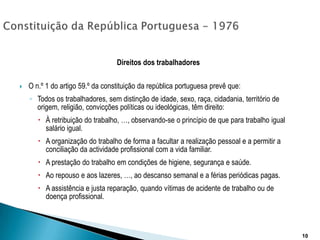 Constituição da República Portuguesa - 1976Direitos dos trabalhadoresO n.º 1 do artigo 59.º da constituição da república portuguesa prevê que:Todos os trabalhadores, sem distinção de idade, sexo, raça, cidadania, território de origem, religião, convicções políticas ou ideológicas, têm direito:À retribuição do trabalho, …, observando-se o princípio de que para trabalho igual salário igual.A organização do trabalho de forma a facultar a realização pessoal e a permitir a conciliação da actividade profissional com a vida familiar.A prestação do trabalho em condições de higiene, segurança e saúde.Ao repouso e aos lazeres, …, ao descanso semanal e a férias periódicas pagas.A assistência e justa reparação, quando vítimas de acidente de trabalho ou de doença profissional.10