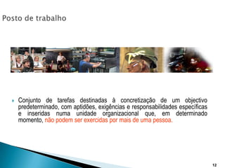 Posto de trabalhoConjunto de tarefas destinadas à concretização de um objectivo predeterminado, com aptidões, exigências e responsabilidades específicas e inseridas numa unidade organizacional que, em determinado momento, não podem ser exercidas por mais de uma pessoa.12