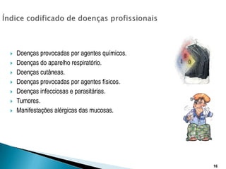 Índice codificado de doenças profissionaisDoenças provocadas por agentes químicos.Doenças do aparelho respiratório.Doenças cutâneas.Doenças provocadas por agentes físicos.Doenças infecciosas e parasitárias.Tumores.Manifestações alérgicas das mucosas.16