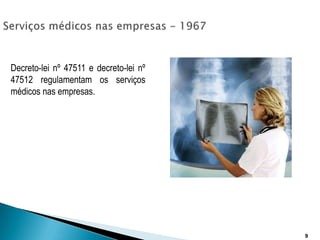Serviços médicos nas empresas - 1967Decreto-lei nº 47511 e decreto-lei nº 47512 regulamentam os serviços médicos nas empresas.9
