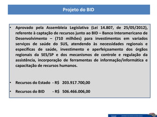 Projeto do BID


• Aprovado pela Assembleia Legislativa (Lei 14.807, de 25/05/2012),
  referente à captação de recursos junto ao BID – Banco Interamericano de
  Desenvolvimento – (710 milhões) para investimentos em variados
  serviços de saúde do SUS, atendendo às necessidades regionais e
  específicas de saúde, investimento e aperfeiçoamento dos órgãos
  regionais da SES/SP e dos mecanismos de controle e regulação da
  assistência, incorporação de ferramentas de informação/informática e
  capacitação de recursos humanos.


• Recursos do Estado - R$ 203.917.700,00

• Recursos do BID     - R$ 506.466.006,00
 