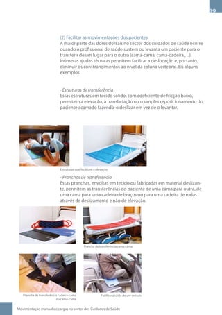 1



                            (2) Facilitar as movimentações dos pacientes
                            A maior parte das dores dorsais no sector dos cuidados de saúde ocorre
                            quando o profissional de saúde sustem ou levanta um paciente para o
                            transferir de um lugar para o outro (cama-cama, cama-cadeira,…).
                            Inúmeras ajudas técnicas permitem facilitar a deslocação e, portanto,
                            diminuir os constrangimentos ao nível da coluna vertebral. Eis alguns
                            exemplos:


                            - Estruturas de transferência
                            Estas estruturas em tecido sólido, com coeficiente de fricção baixo,
                            permitem a elevação, a transladação ou o simples reposicionamento do
                            paciente acamado fazendo-o deslizar em vez de o levantar.




                            Estruturas que facilitam a elevação

                            - Pranchas de transferência
                            Estas pranchas, envoltas em tecido ou fabricadas em material deslizan-
                            te, permitem as transferências do paciente de uma cama para outra, de
                            uma cama para uma cadeira de braços ou para uma cadeira de rodas
                            através de deslizamento e não de elevação.




                                             Prancha de transferência cama-cama




   Prancha de transferência cadeira-cama                  Facilitar a saída de um veículo
                          ou cama-cama


Movimentação manual de cargas no sector dos Cuidados de Saúde
 