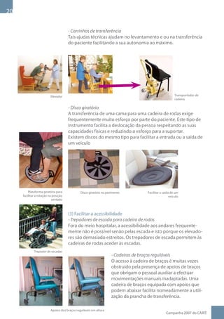 0

                                      - Carrinhos de transferência
                                      Tais ajudas técnicas ajudam no levantamento e ou na transferência
                                      do paciente facilitando a sua autonomia ao máximo.




                          Elevador                                                                         Transportador de
                                                                                                           cadeira

                                      - Disco giratório
                                      A transferência de uma cama para uma cadeira de rodas exige
                                      frequentemente muito esforço por parte do paciente. Este tipo de
                                      instrumento facilita a deslocação da pessoa respeitando as suas
                                      capacidades físicas e reduzindo o esforço para a suportar.
                                      Existem discos do mesmo tipo para facilitar a entrada ou a saída de
                                      um veículo




         Plataforma giratória para             Disco giratório no pavimento           Facilitar a saída de um
     facilitar a rotação na posição                                                                    veículo
                           sentado



                                      (3) Facilitar a acessibilidade
                                      - Trepadores de escada para cadeira de rodas
                                      Fora do meio hospitalar, a acessibilidade aos andares frequente-
                                      mente não é possível senão pelas escada e isto porque os elevado-
                                      res são demasiado estreitos. Os trepadores de escada permitem às
                                      cadeiras de rodas aceder às escadas.
             Trepador de escadas
                                                                     - Cadeiras de braços reguláveis
                                                                     O acesso à cadeira de braços é muitas vezes
                                                                     obstruído pela presença de apoios de braços
                                                                     que obrigam o pessoal auxiliar a efectuar
                                                                     movimentações manuais inadaptadas. Uma
                                                                     cadeira de braços equipada com apoios que
                                                                     podem abaixar facilita nomeadamente a utili-
                                                                     zação da prancha de transferência.

                          Apoios dos braços reguláveis em altura
                                                                                                    Campanha 007 do CARIT:
 