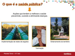 O que é a saúde pública?

              Acções que tendem a melhorar a saúde
            prevenindo, curando e eliminando doenças.




Implementação de redes de esgotos                       Ordenamento do território


                                       Vacinação


  Planeta Terra — 9.º ano
 
