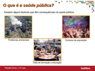 O que é a saúde pública?
Existem alguns factores que têm consequências na saúde pública:




   Problemas ambientais                                  Excesso de população




                          Falta de formação e educação

Planeta Terra — 9.º ano
 