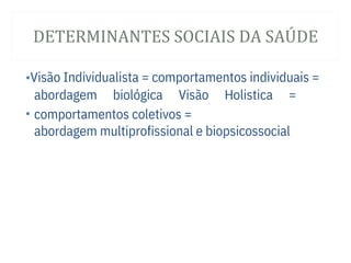 DETERMINANTES SOCIAIS DA SAÚ DE
•
abordagem multiprofissional e biopsicossocial
•Visão Individualista = comportamentos individuais =
abordagem biológica Visão Holistica =
comportamentos coletivos =
 